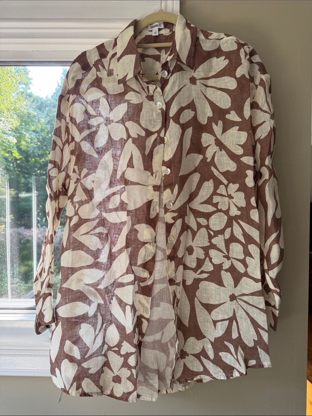 Vitamin A Lightweight Floral Button-Up Shirt in Brown & Cream